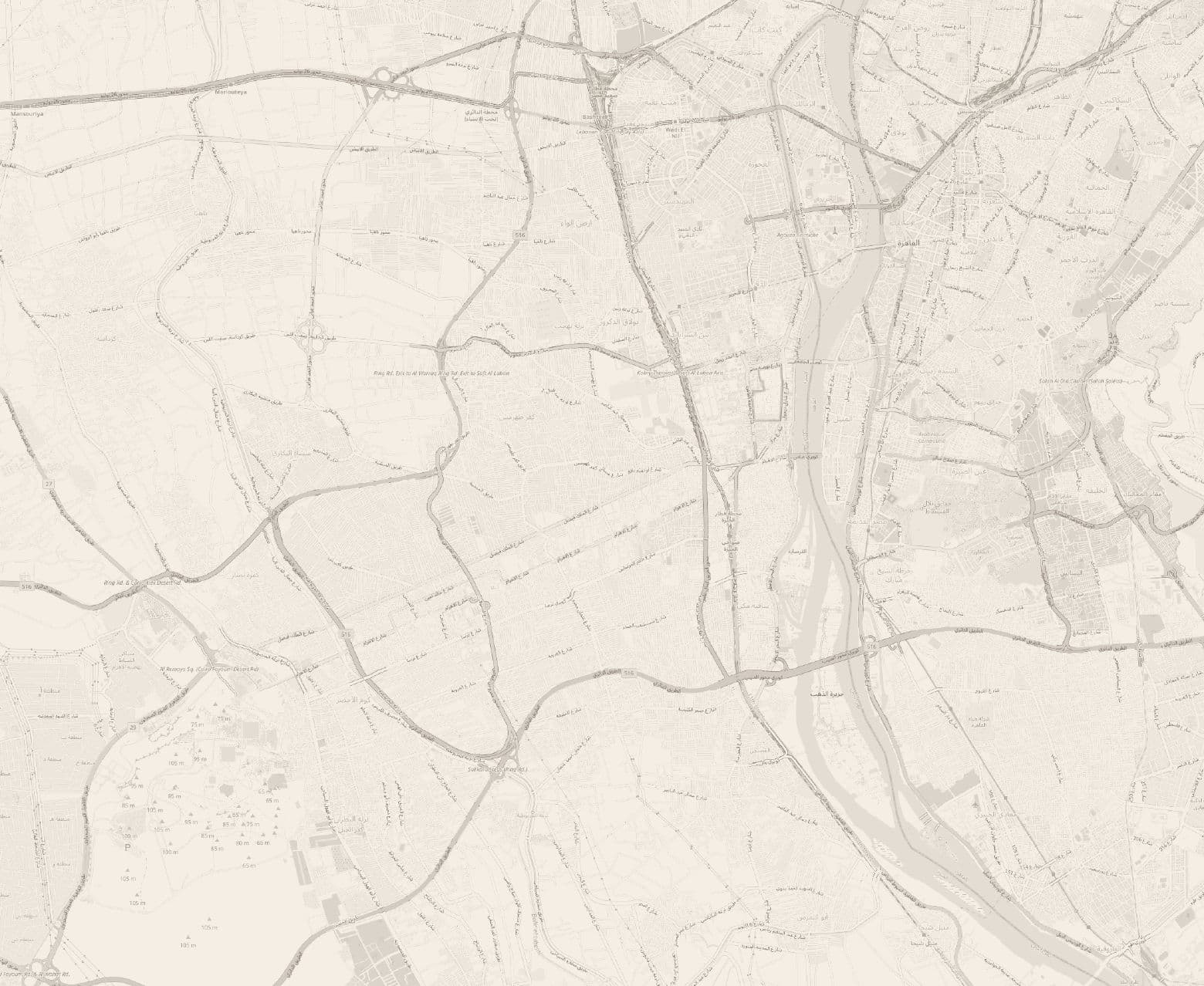 A sepia-toned street map of Cairo and Giza marking the four DHB Stays areas: Downtown, St. Regis, Hadayek Al-Ahram and Hilton Maadi.